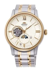 RA-AS0007S Orient Classic Sun & Moon הוא שעון אלגנטי מכני אוטומטי הכולל מנגנון גלוי (Open Heart), מחוון יום/לילה ייחודי וזכוכית ספיר
