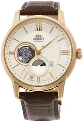 RA-AS0010S Orient Classic Sun & Moon הוא שעון אלגנטי מכני אוטומטי הכולל מנגנון גלוי (Open Heart), מחוון יום/לילה ייחודי וזכוכית ספיר