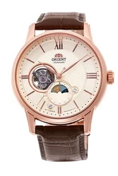 RA-AS0009S Orient Classic Sun & Moon הוא שעון אלגנטי מכני אוטומטי הכולל מנגנון גלוי (Open Heart), מחוון יום/לילה ייחודי וזכוכית ספיר