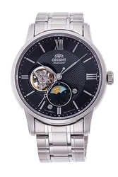 RA-AS0008B Orient Classic Sun & Moon הוא שעון אלגנטי מכני אוטומטי הכולל מנגנון גלוי (Open Heart), מחוון יום/לילה ייחודי וזכוכית ספיר