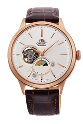 RA-AS0102S Orient Classic Sun & Moon הוא שעון אלגנטי מכני אוטומטי הכולל מנגנון גלוי (Open Heart), מחוון יום/לילה ייחודי וזכוכית ספיר